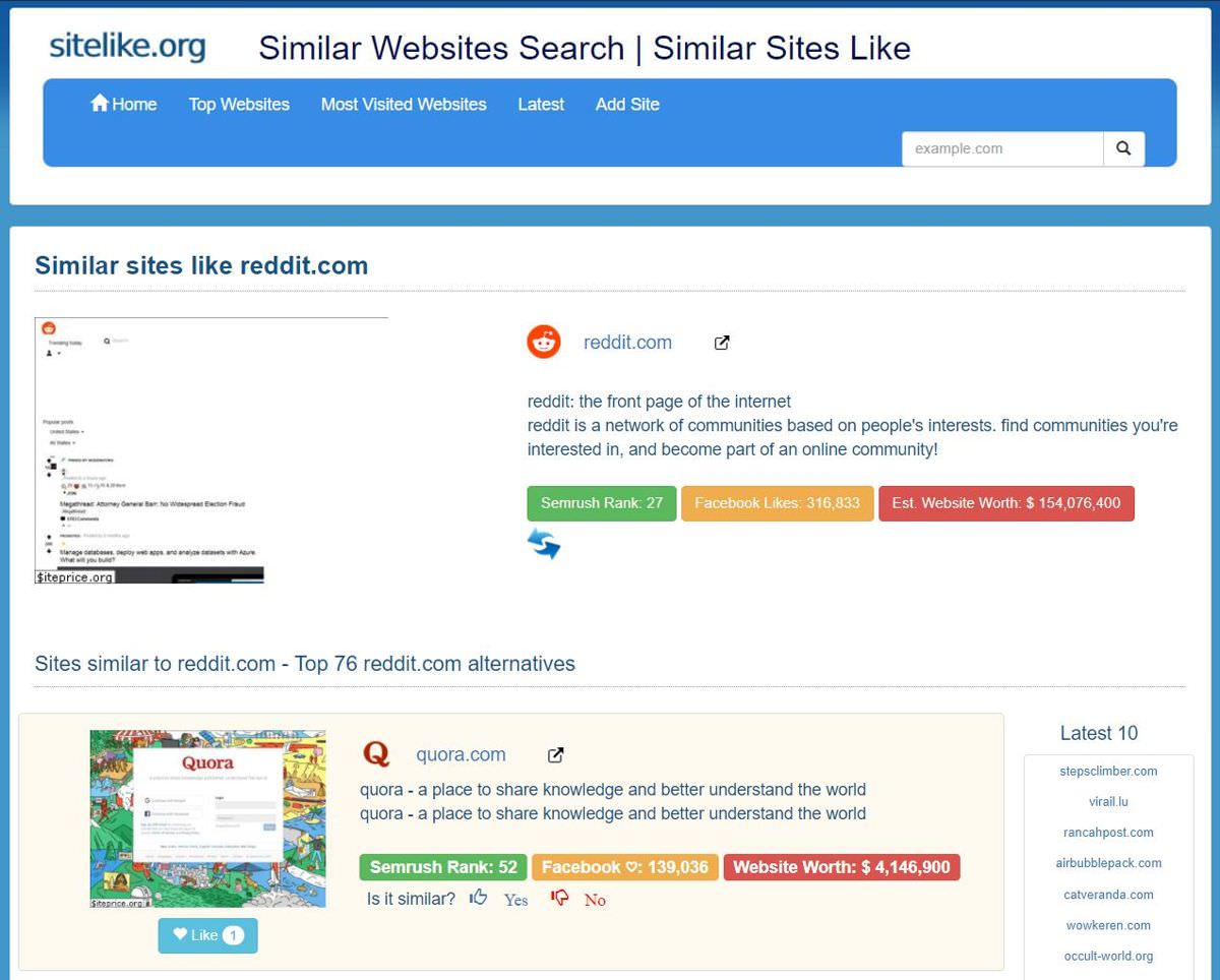 sitelike.org giúp tìm các trang web thay thế hoặc tương tự